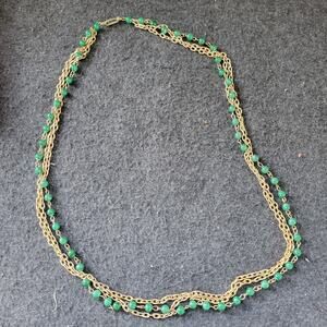 Vintage Gold Tone Chain Necklace Green Bead Glass Jade‎ Style Long Layered 30"